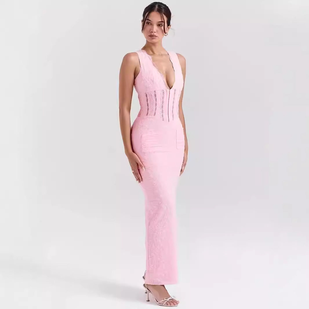 Women’s Lace Dress – Fitted High Waist – Plunging Neckline – Full Length Formal Wear