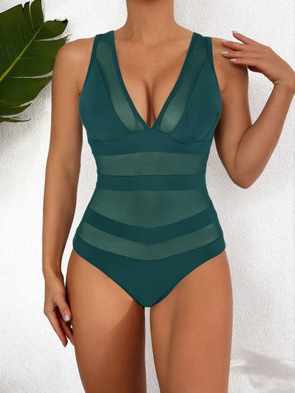 Women’s One-Piece Swimsuit – Form-Fitting – Mesh – Deep V-Neck – Sleek Finish