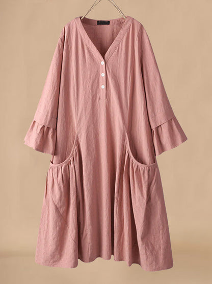 Women’s Midi Dress – Cotton Linen Blend – Relaxed Fit – V-Neck – Flared Sleeves – Pockets