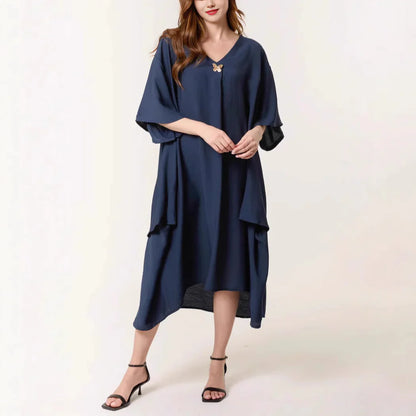 Women’s Tunic Dress – Relaxed Fit – V-Neck – Elbow Sleeve – Midi Length – Breathable Blend