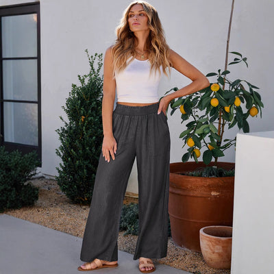 Women’s Wide-Leg Denim Trousers – Relaxed Fit – Elastic Waist – Full Length – Casual Style