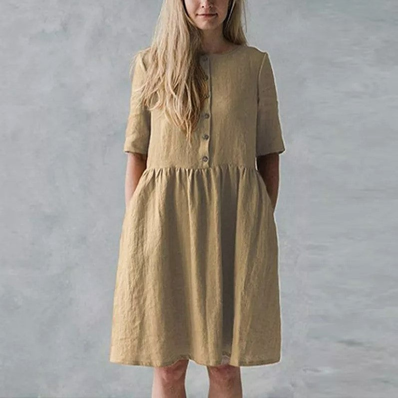 Women’s Midi Dress – Cotton Linen Blend – Relaxed Fit – Short Sleeve – Button Front with Pockets