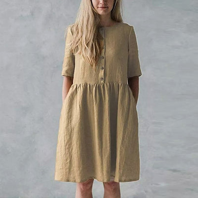 Women’s Midi Dress – Cotton Linen Blend – Relaxed Fit – Short Sleeve – Button Front with Pockets