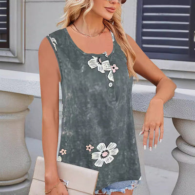 Women’s Sleeveless Top – Relaxed Fit – Floral Print – Round Neck with Button Detail