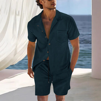 Men’s Shirt and Shorts Set – Relaxed Fit – Cuban Collar – Breathable Lightweight Fabric
