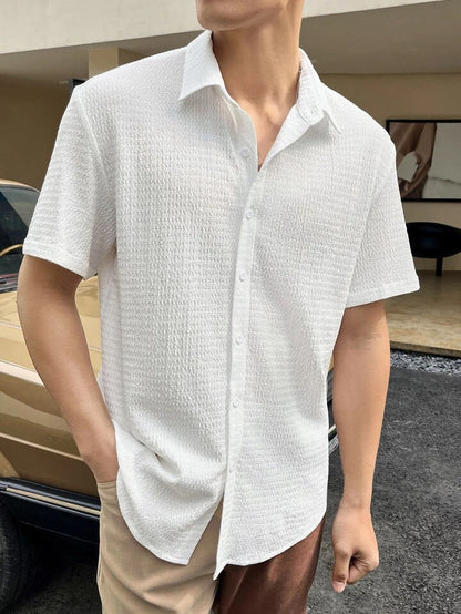 Men’s Short Sleeve Shirt – Cotton Blend – Regular Fit – Textured Button-Front Casual