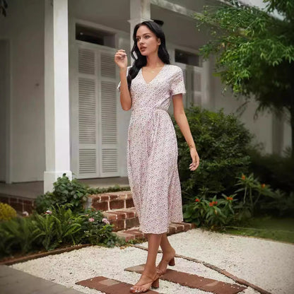 Women’s Midi Dress – V-Neck – Floral Pattern – Relaxed Fit – Breathable Blend