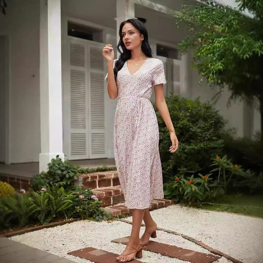 Women’s Midi Dress – V-Neck – Floral Pattern – Relaxed Fit – Breathable Blend