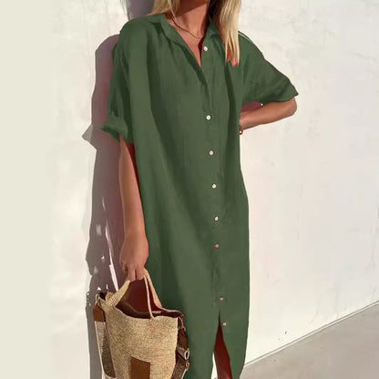 Women’s Shirt Dress – Cotton Linen Blend – Relaxed Fit – Button Down – Midi Length