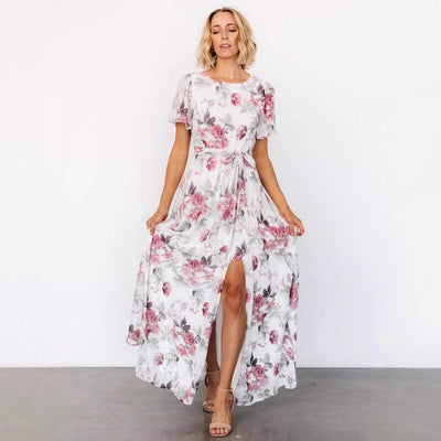 Women’s Maxi Dress – Slim Fit – Floral Print – Short Sleeve – Front Slit – Round Neck