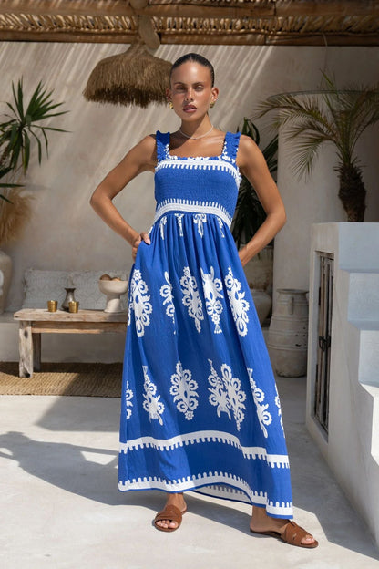 Women’s Sundress – Lightweight Cotton – Ruched Bodice – Ruffled Straps – A-Line Fit