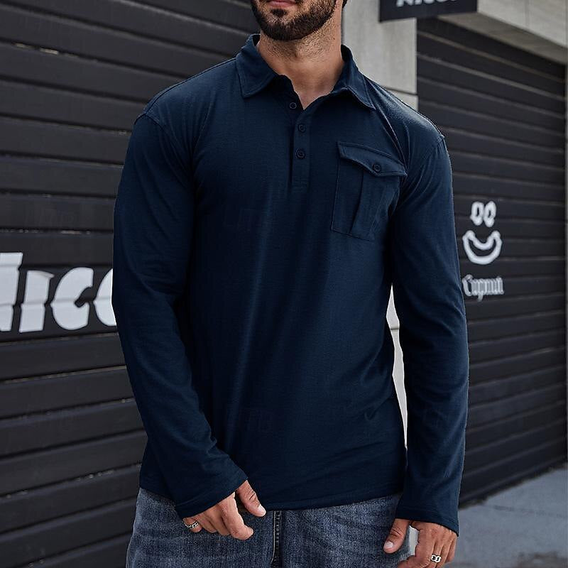 Men’s Henley Polo Shirt – Slim Fit – Cotton – Stand Collar – Chest Pocket