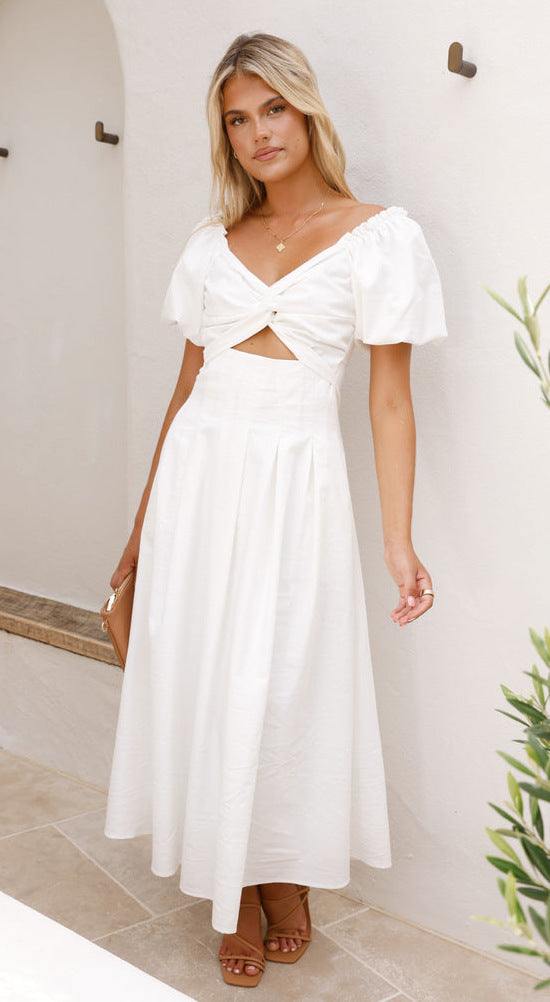 Women’s Midi Dress – Fit and Flare – Puff Sleeve – V-Neck – Lightweight Draped Fabric
