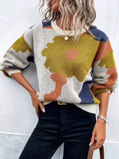 Women’s Pullover Sweater – Knit Fabric – Relaxed Fit – Round Neck – Balloon Sleeves – Patterned