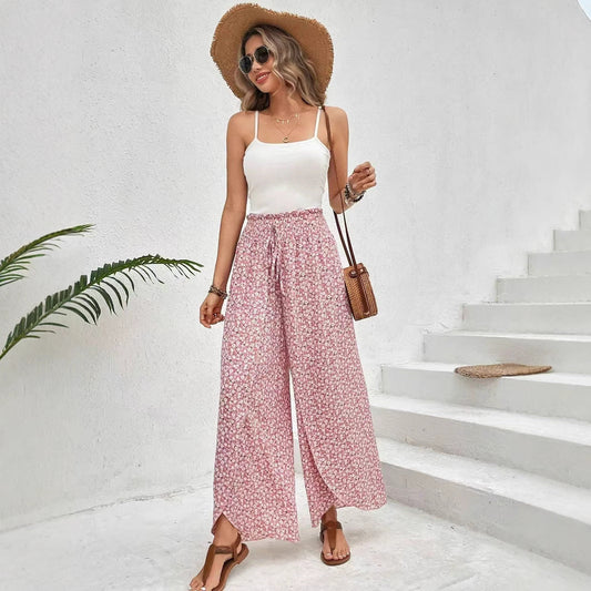 Women’s Wide-Leg Skirt Pants – Relaxed Fit – Floral Print – Side Slits – Breathable Fabric