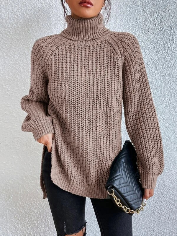 Women's full size turtle ribbed knit slit sweater