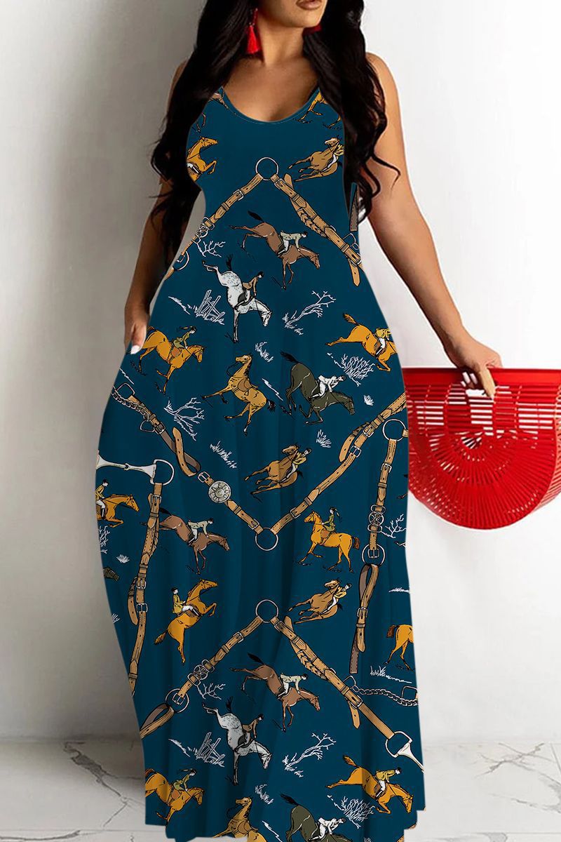 Women’s Maxi Dress – Flowy Fit – Deep V Neck – Spaghetti Straps – Abstract Print