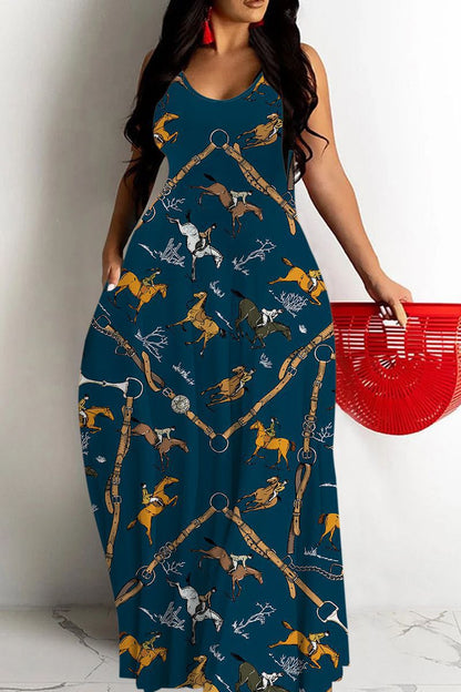 Women’s Maxi Dress – Flowy Fit – Deep V Neck – Spaghetti Straps – Abstract Print