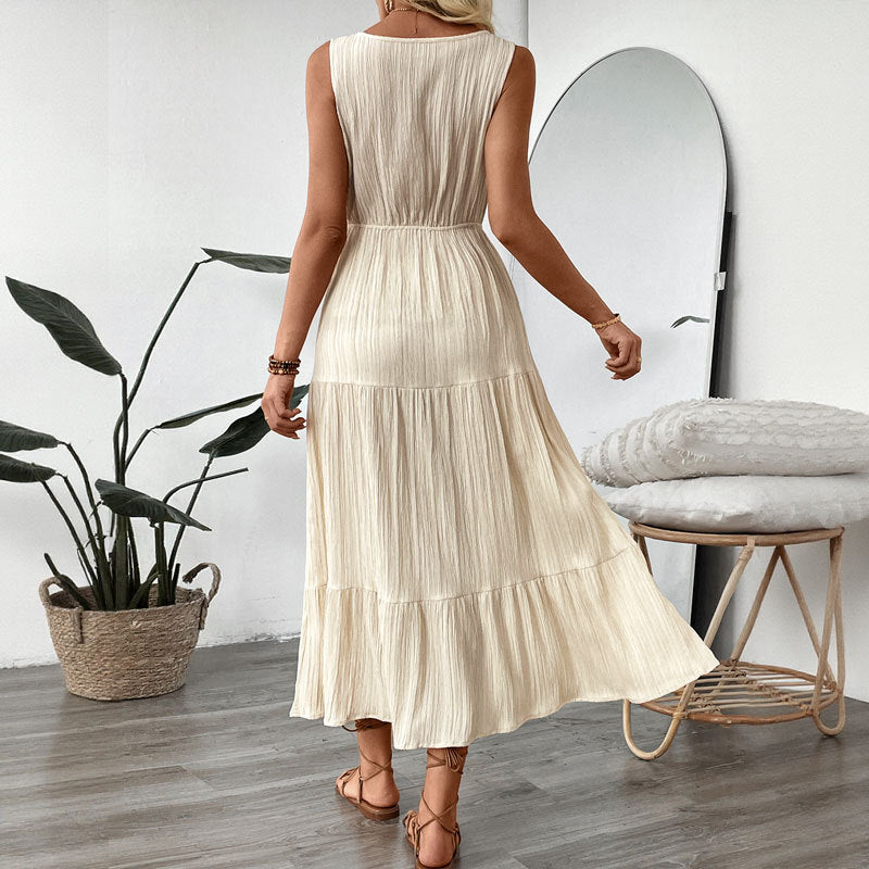 Women’s Midi Dress – Sleeveless V-Neck – Button Front – Tiered Skirt – Waist Tie