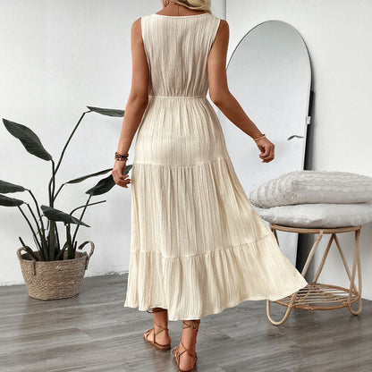Women’s Midi Dress – Sleeveless V-Neck – Button Front – Tiered Skirt – Waist Tie