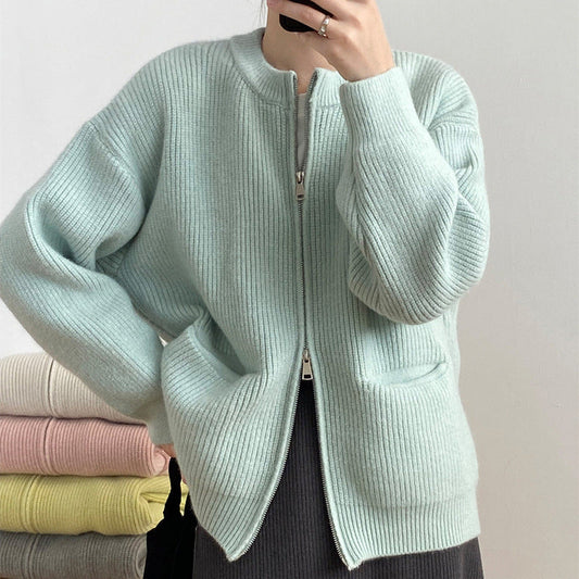 Women’s Knit Cardigan – Oversized Fit – Ribbed Wool Blend – Dual Zipper – Crew Neck