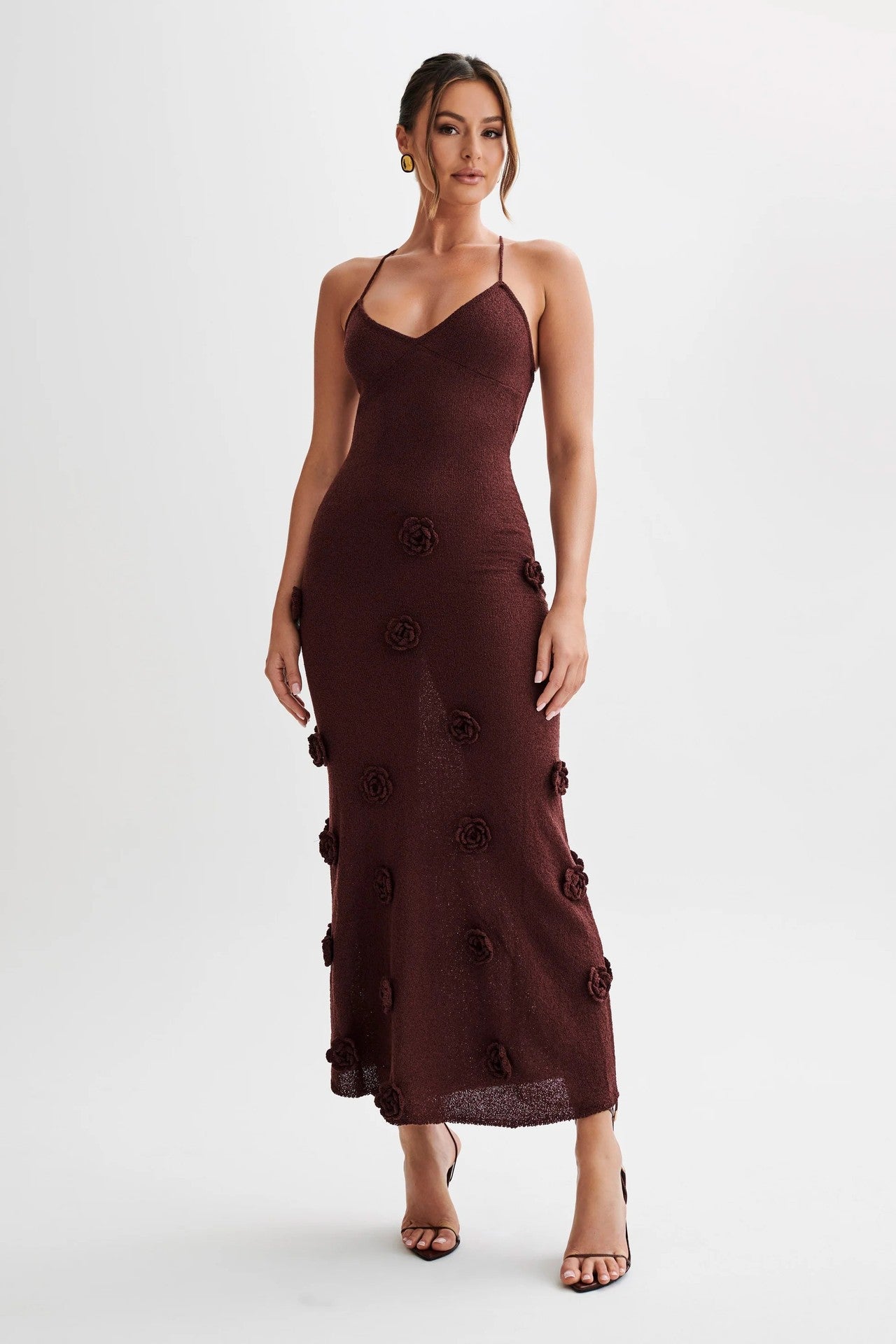 Women’s Slip Dress – Slim Fit – Knit Fabric – 3D Floral Detail – Open Back Tie Design