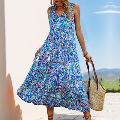 Women’s Dress – Lightweight Cotton – Sleeveless A-Line – Tiered Midi V-Neck