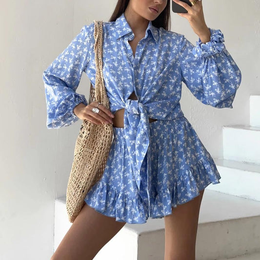Women’s Two-Piece Set – Tie-Front Shirt – Long Puff Sleeves – High-Waist Ruffle Shorts