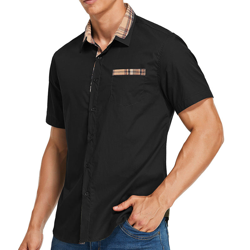 Men’s Short-Sleeve Shirt – Slim Fit – Cotton Blend – Check Collar and Pocket Trim