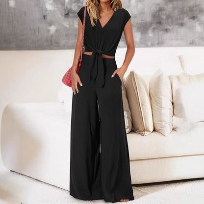 Women’s Two-Piece Set – V-Neck Tie-Front Cropped Top – High-Waist Wide-Leg Trousers