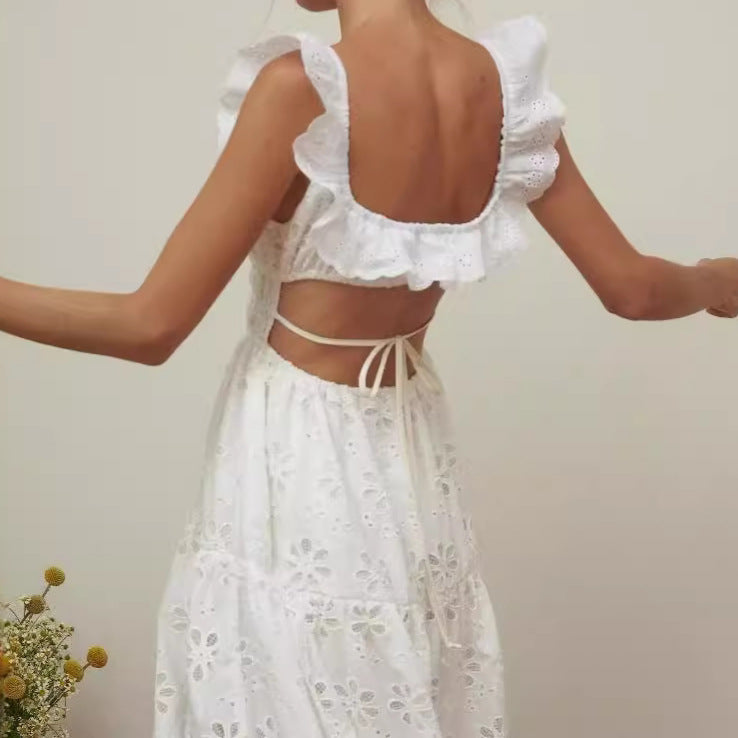 Women’s Full-Length Dress – Cotton Eyelet – Smocked Bodice – Ruffled Straps – High Slit