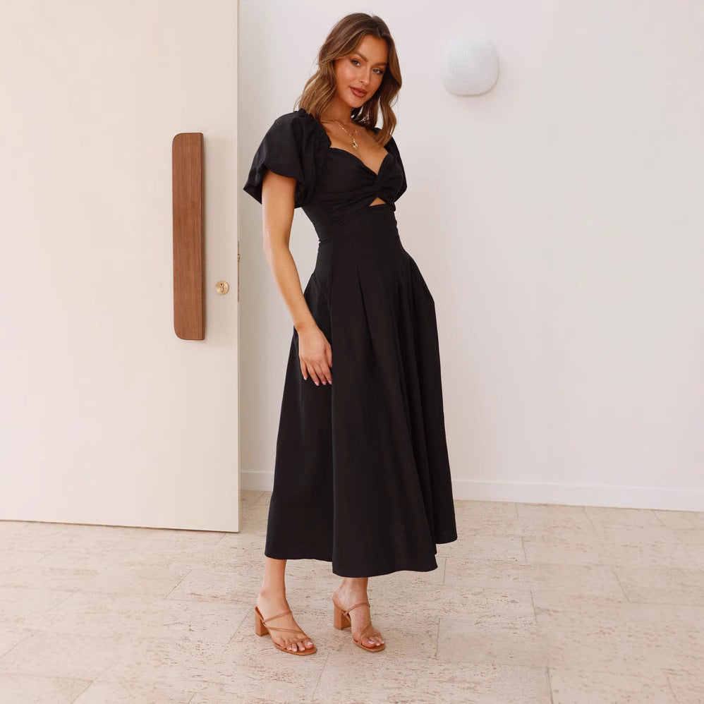 Women’s Midi Dress – Fit and Flare – Puff Sleeve – V-Neck – Lightweight Draped Fabric