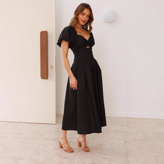 Women’s Midi Dress – Fit and Flare – Puff Sleeve – V-Neck – Lightweight Draped Fabric