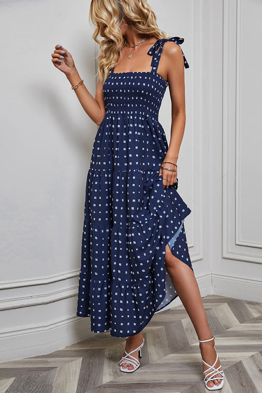 Women’s Maxi Dress – Smocked Bodice – Tie Straps – Tiered Skirt – Backless Elegant Fit