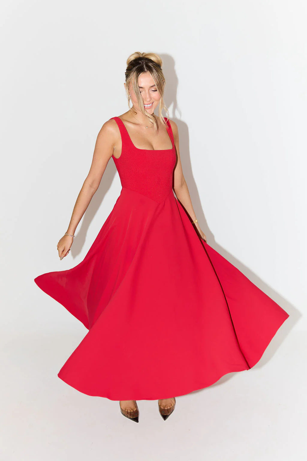 Women’s Midi Dress – Satin Finish – Fitted Bodice – Sleeveless – Square Neckline
