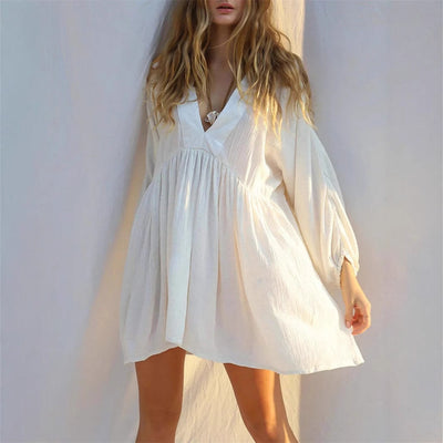 Women’s Mini Dress – Flowy Fit – Sheer Lightweight Fabric – V-Neck – Long Sleeve Casual