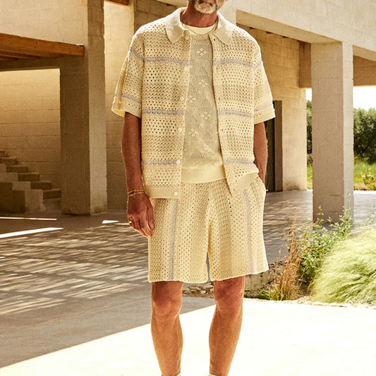 Men’s Cardigan and Shorts Set – Relaxed Fit – Open Knit – Breathable Casual Wear