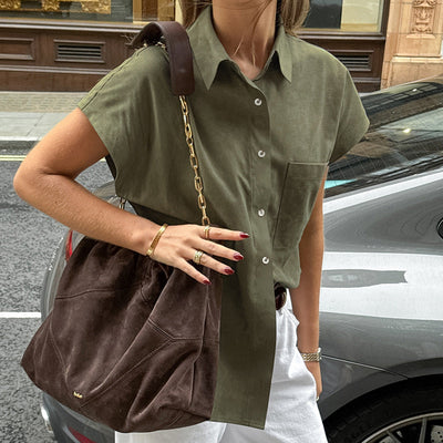 Women’s Sleeveless Shirt – Cotton Linen Blend – Relaxed Fit – Button Front – Chest Pocket