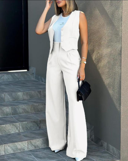 Women’s Vest and Trousers Set – Tailored Fit – High Waist – Wide Leg – Button Front
