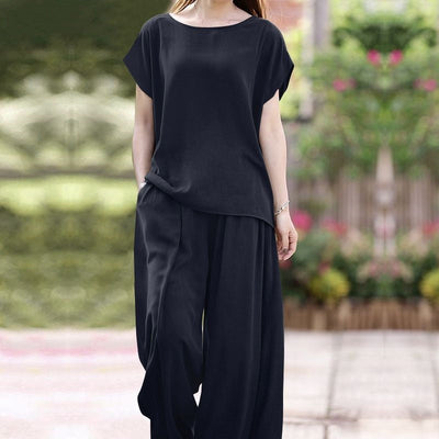 Women’s Two-Piece Set – Loose Fit Blouse – Wide-Leg High-Waist Trousers – Breathable Fabric