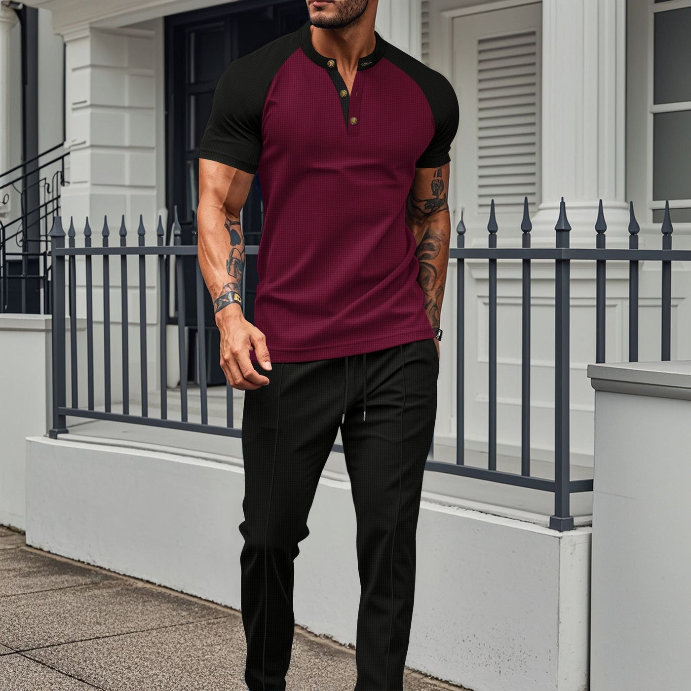 Men’s Two-Piece Set – Short Sleeve Top – Slim Fit – Raglan Sleeves – Straight Leg Pants – Cotton Blend