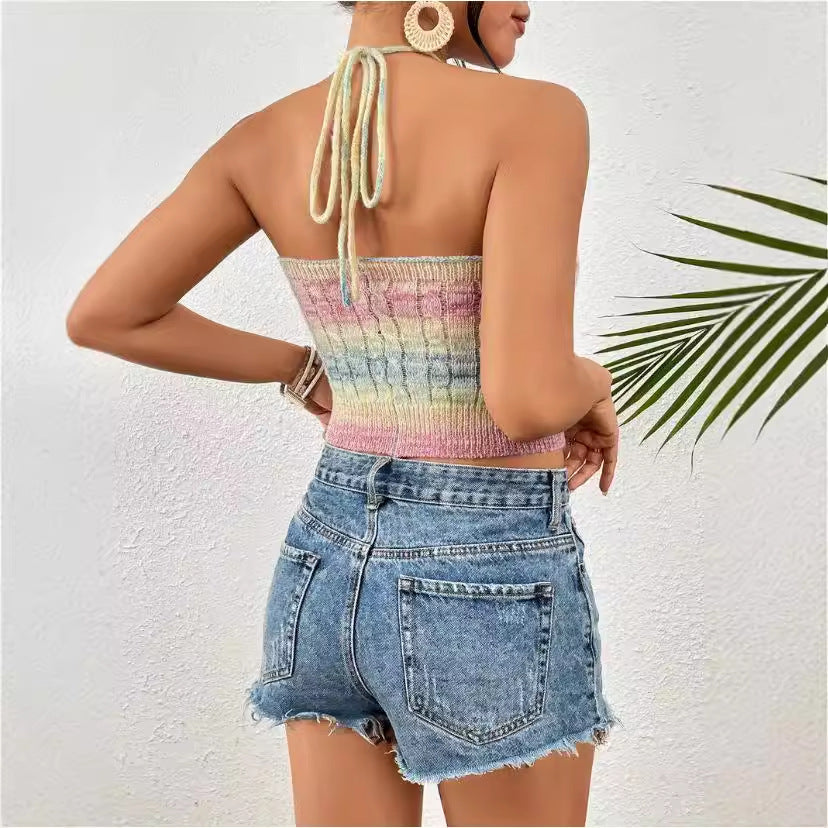 Women’s Halter Crop Top – Slim Fit Knit – Cable Pattern – Ribbed Hem Casual Wear