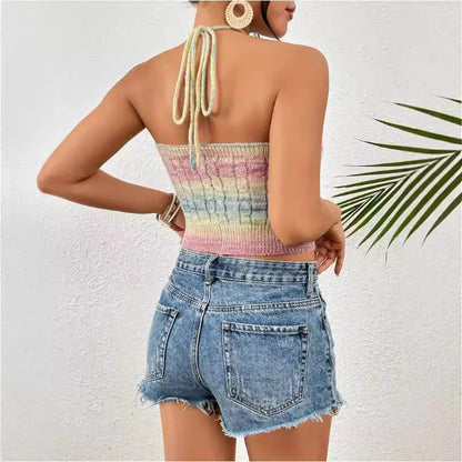 Women’s Halter Crop Top – Slim Fit Knit – Cable Pattern – Ribbed Hem Casual Wear