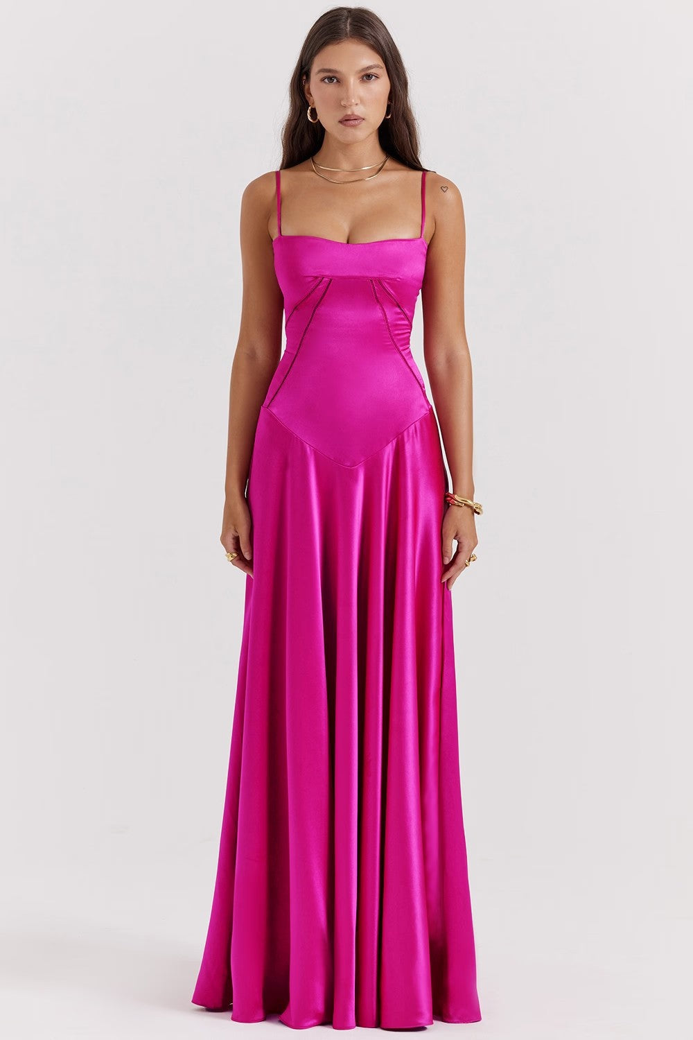 Women’s Midi Dress – Silky Slim Fit – Spaghetti Straps – Elegant Flowing Skirt