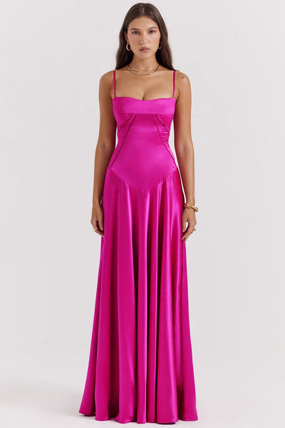Women’s Midi Dress – Silky Slim Fit – Spaghetti Straps – Elegant Flowing Skirt
