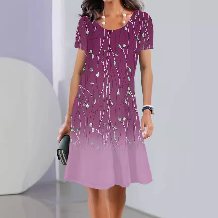 Women’s A-Line Dress – Floral Print – Scoop Neck – Short Sleeve – Cotton – Knee Length