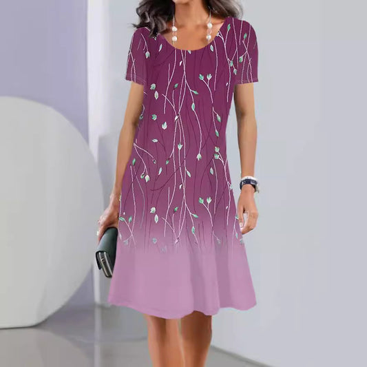 Women’s A-Line Dress – Floral Print – Scoop Neck – Short Sleeve – Cotton – Knee Length