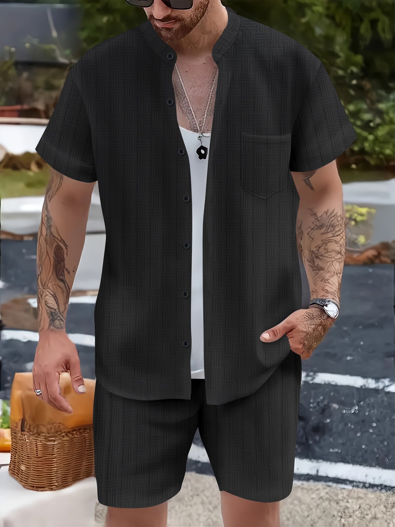 Men’s Two-Piece Set – Henley Collar Shirt & Shorts – Lightweight Relaxed Fit