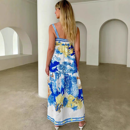 Women’s Maxi Dress – Cotton Blend – A-Line Fit – Tiered Printed – Thin Straps