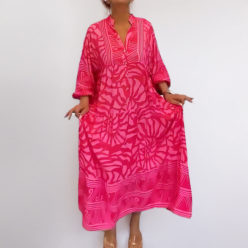 Women’s Midi Dress – Loose Fit – Button-Front – Rolled Sleeves – Abstract Print – Breathable Fabric